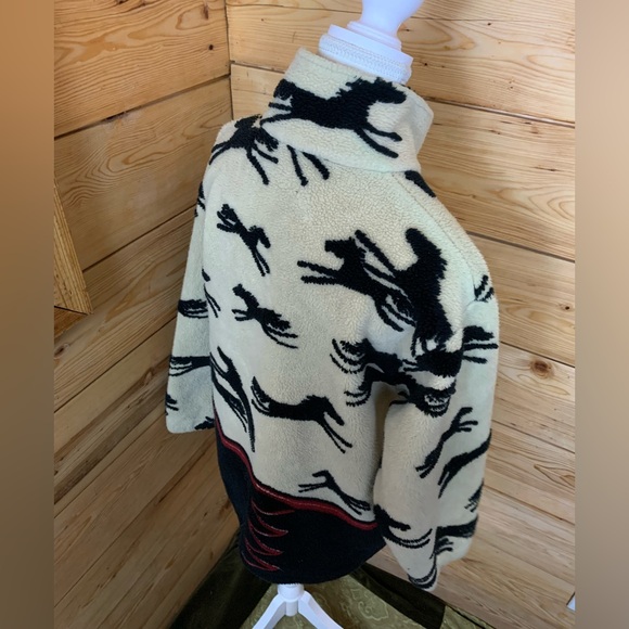 Fleece Black Cream Horse Patterned Teddy Jacket Aztec Equestrian Women's Medium - Picture 5 of 7